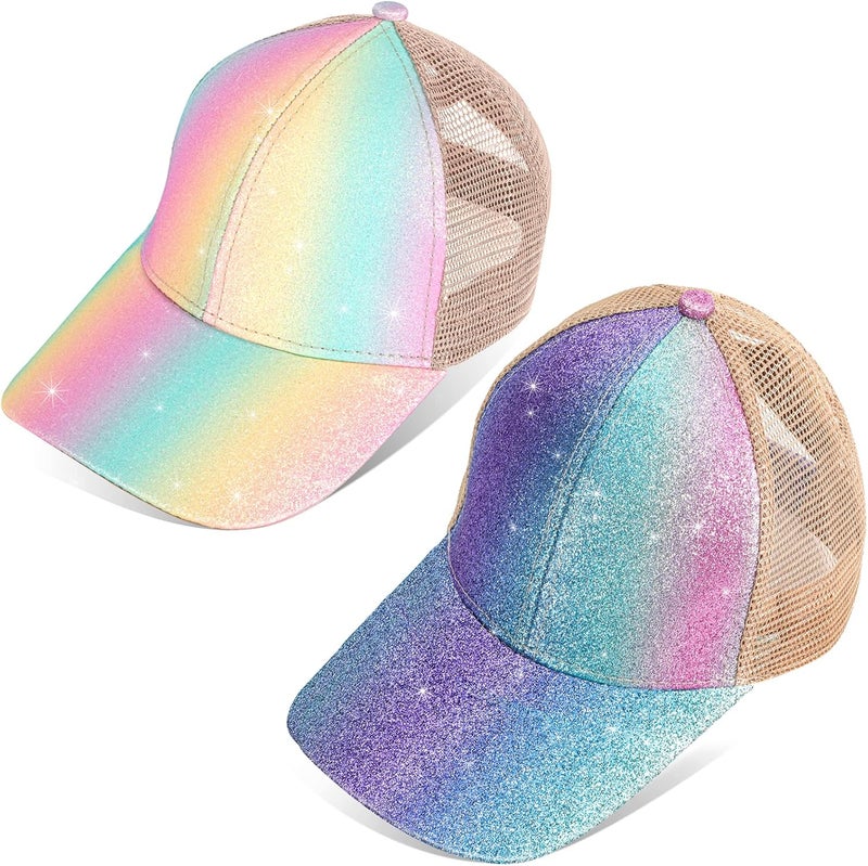BROMZ Girls Glitter Baseball Cap Kids Ponytail Hat Adjustable Summer Mesh Trucker Hats for 4-12 Years - Image 1